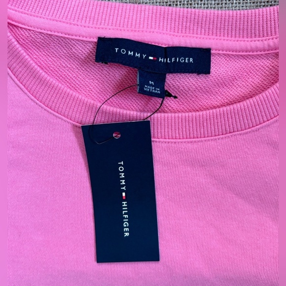 New Tommy Hilfiger Pink Gingham Sleeve Cold Shoulder Sweatshirt Shirt Medium - Picture 3 of 6